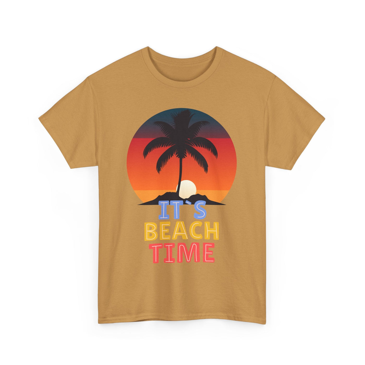 Beach Time Summer 2025 T-Shirt with palm tree and sunset graphic.