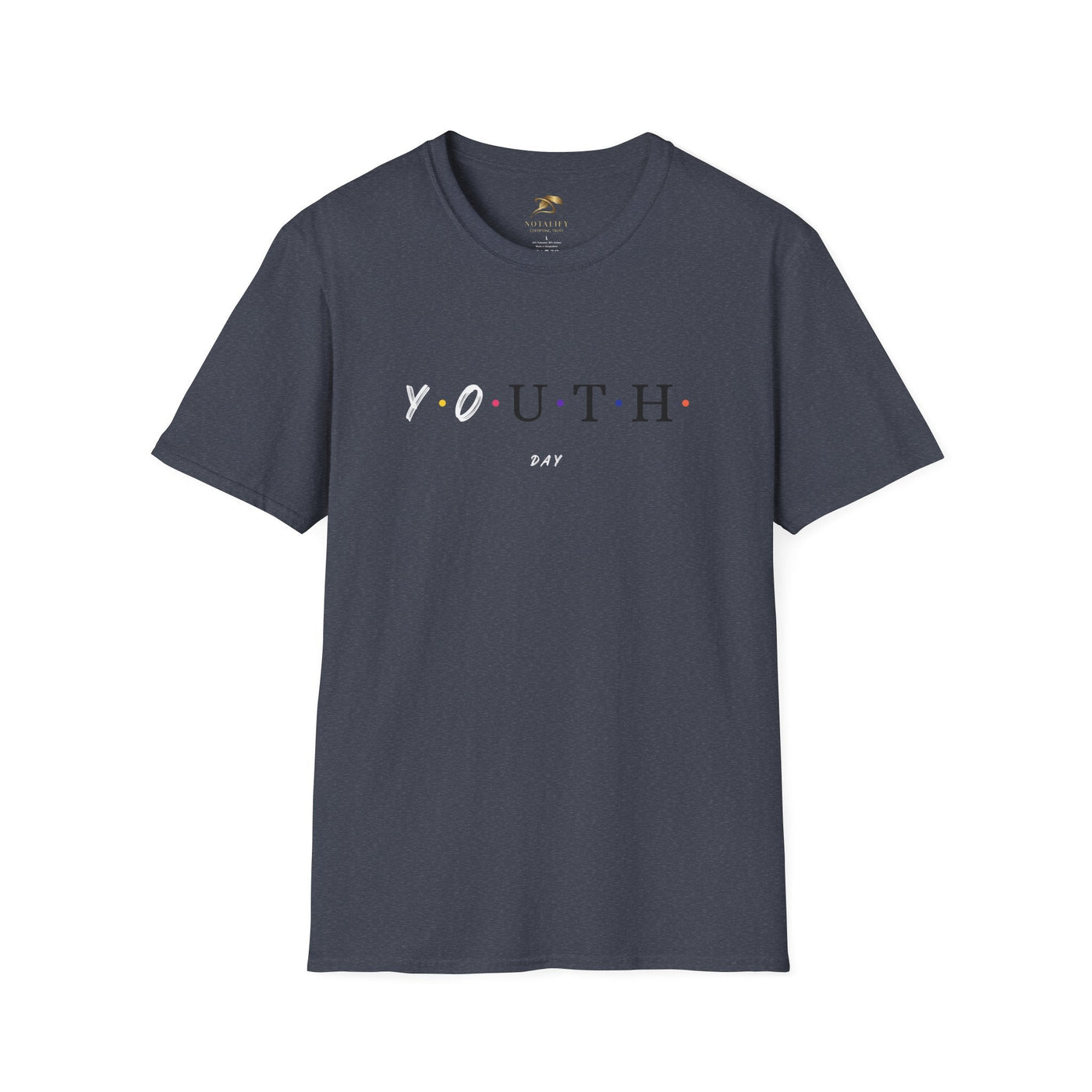 Youth Day Celebration unisex navy t-shirt with colorful dots graphic, lightweight cotton casual top