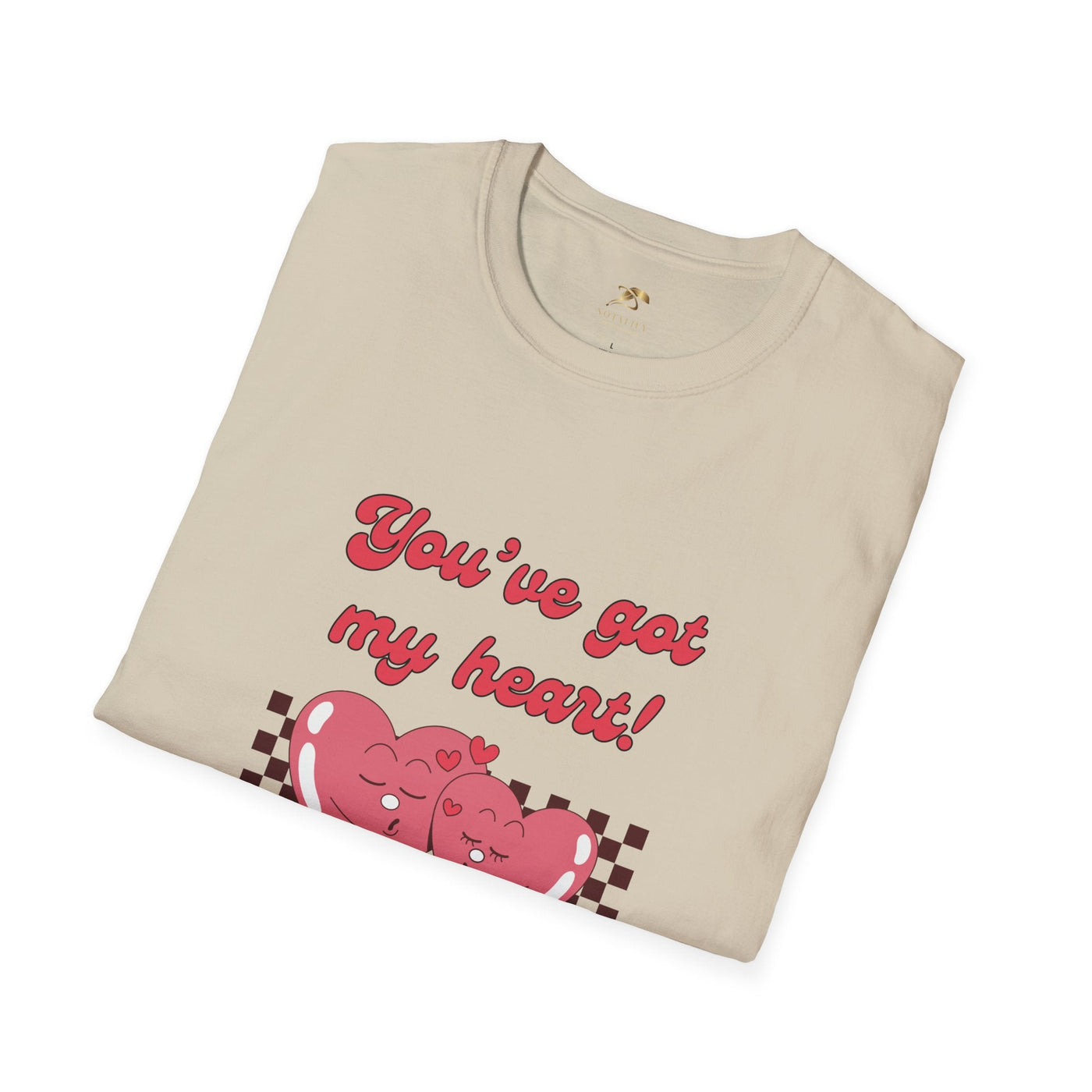 Heart Graphic Tee with "You've got my heart" design, Valentine's Day gift, unisex softstyle t-shirt, light beige.