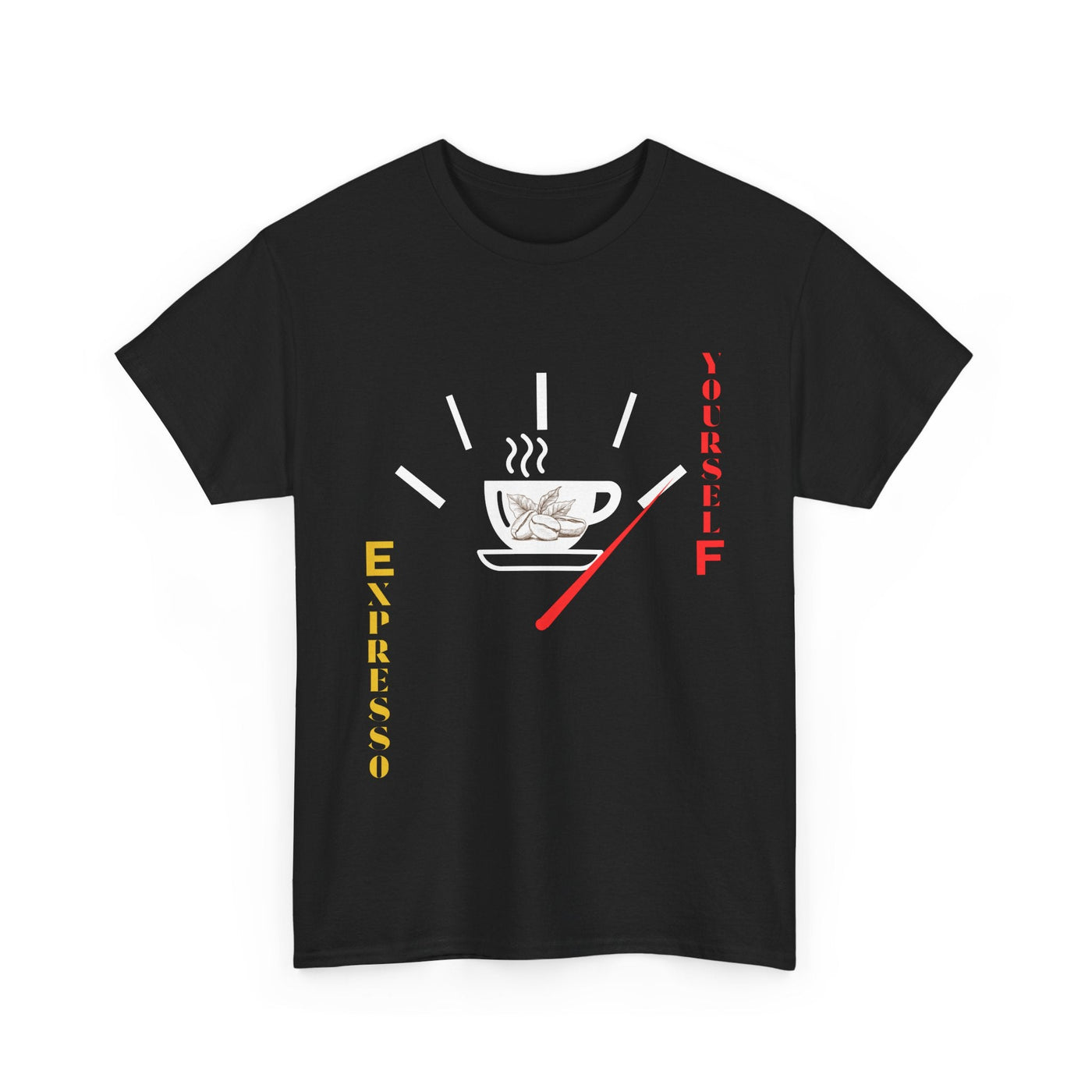 Unisex Expresso Yourself coffee T-shirt featuring espresso cup and clever fuel gauge design, ideal for coffee lovers and baristas.