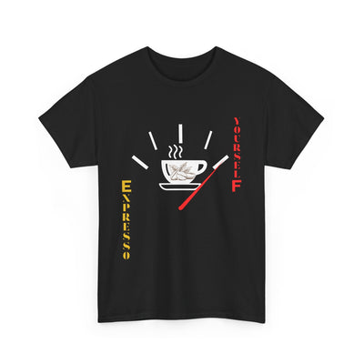 Unisex Expresso Yourself coffee T-shirt featuring espresso cup and clever fuel gauge design, ideal for coffee lovers and baristas.