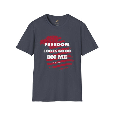 Unisex Patriotic Party Tee with "Freedom Looks Good On Me" design for Independence Day celebrations.