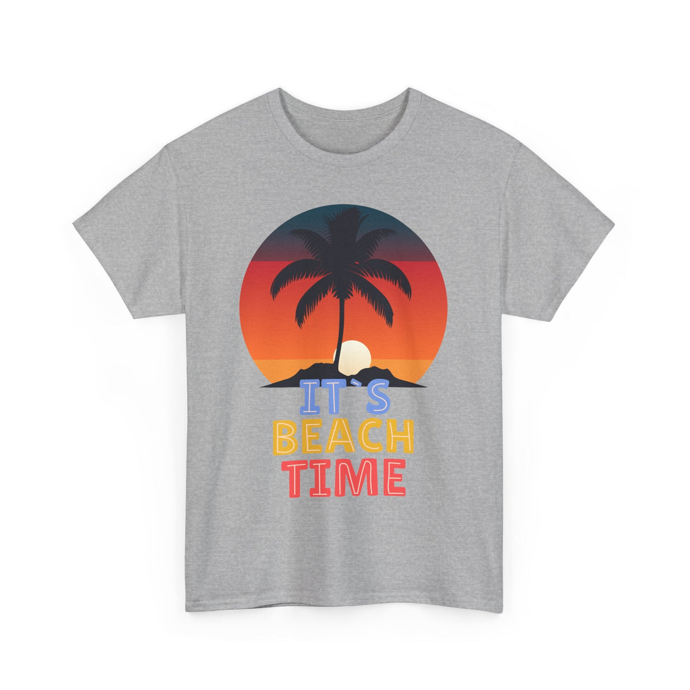 Unisex summer T-shirt with "It's Beach Time" graphic, featuring palm tree and sunset design.