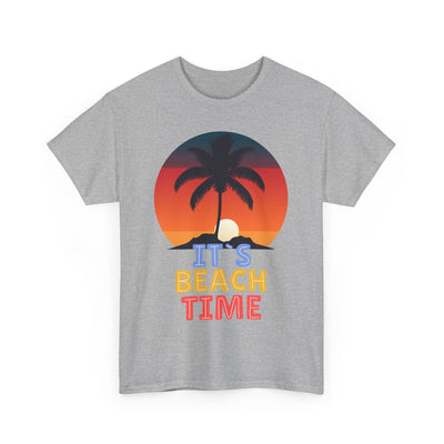 Unisex summer T-shirt with "It's Beach Time" graphic, featuring palm tree and sunset design.