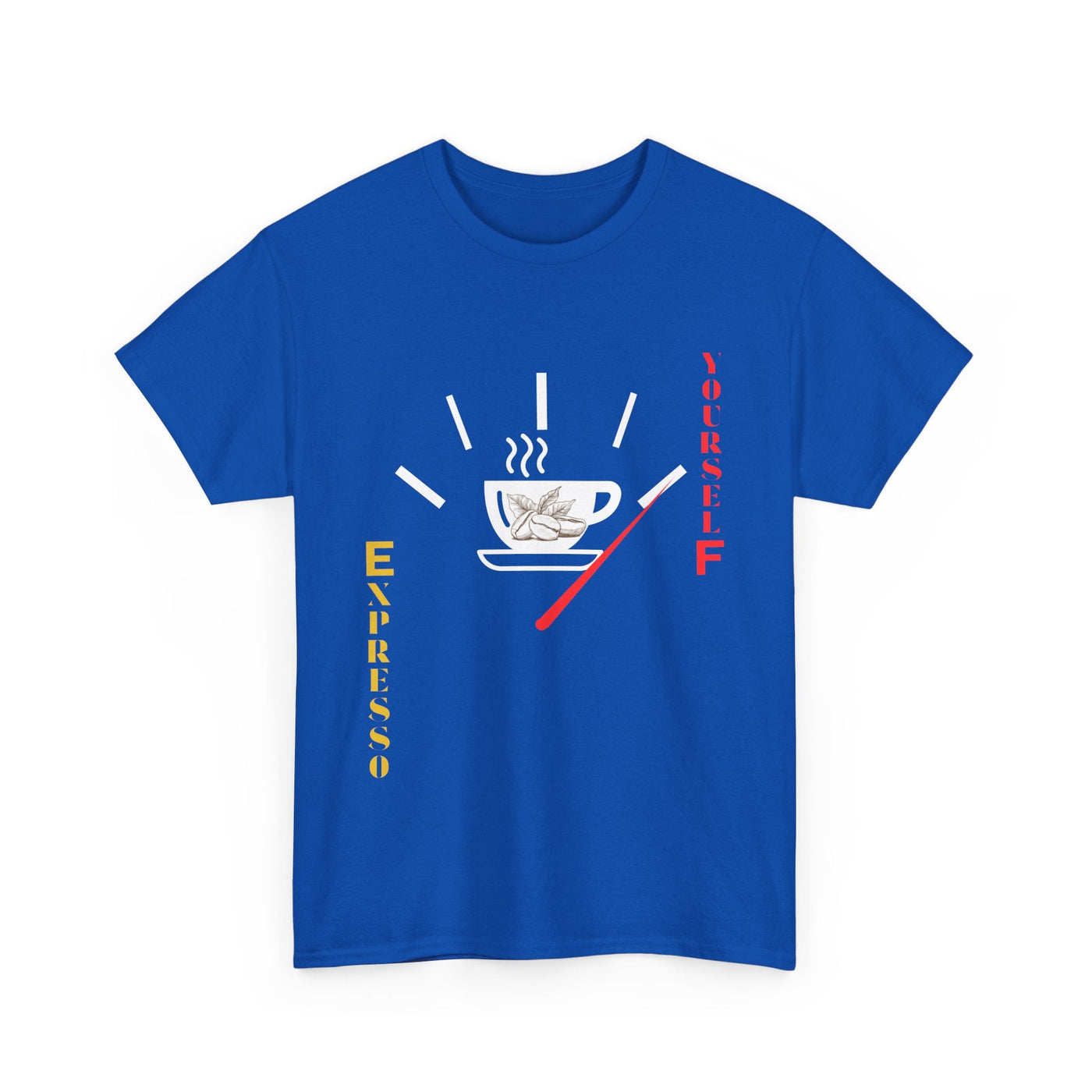 Expresso Yourself coffee T-shirt with espresso cup design and fuel gauge theme, perfect for coffee lovers and baristas.