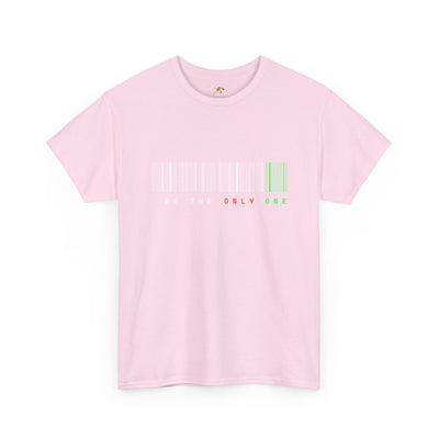 Unique "Be The Only One" barcode t-shirt in blue with a minimalist design