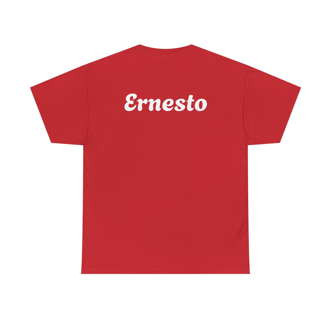 Red t-shirt with "Ernesto" printed on the back, perfect funny Spanish dad beer shirt gift.