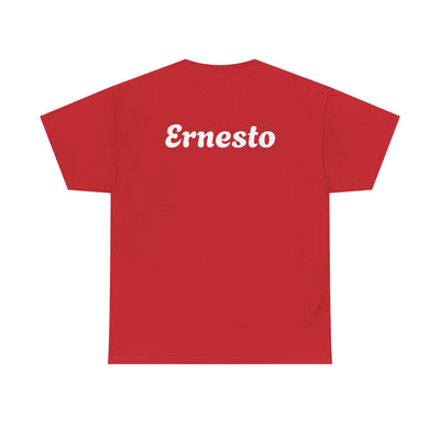 Red t-shirt with "Ernesto" printed on the back, perfect funny Spanish dad beer shirt gift.