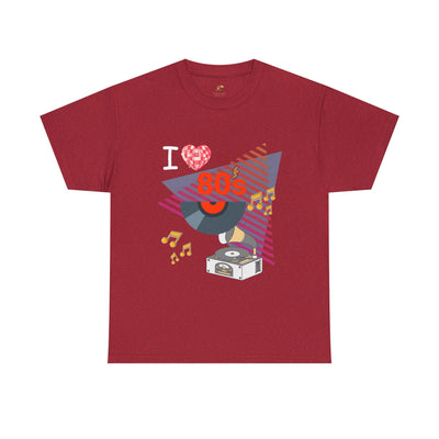 Red 80's Music Lover T-Shirt with retro vinyl record and music notes graphic, unisex cotton tee