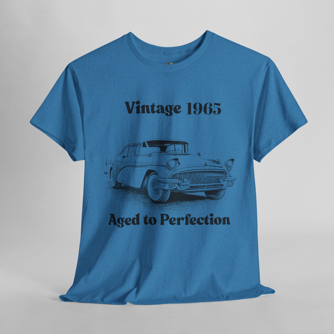 Vintage Aged to Perfection classic car t-shirt in blue, featuring a retro car design and humorous slogan. Perfect birthday gift for car enthusiasts.