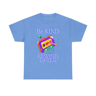 Retro vibe "Be Kind, Rewind Often" unisex T-shirt with nostalgic cassette design.