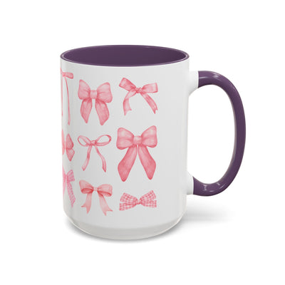 Personalized Mother's Day coquette bow mug with vibrant design, purple interior, and handle.