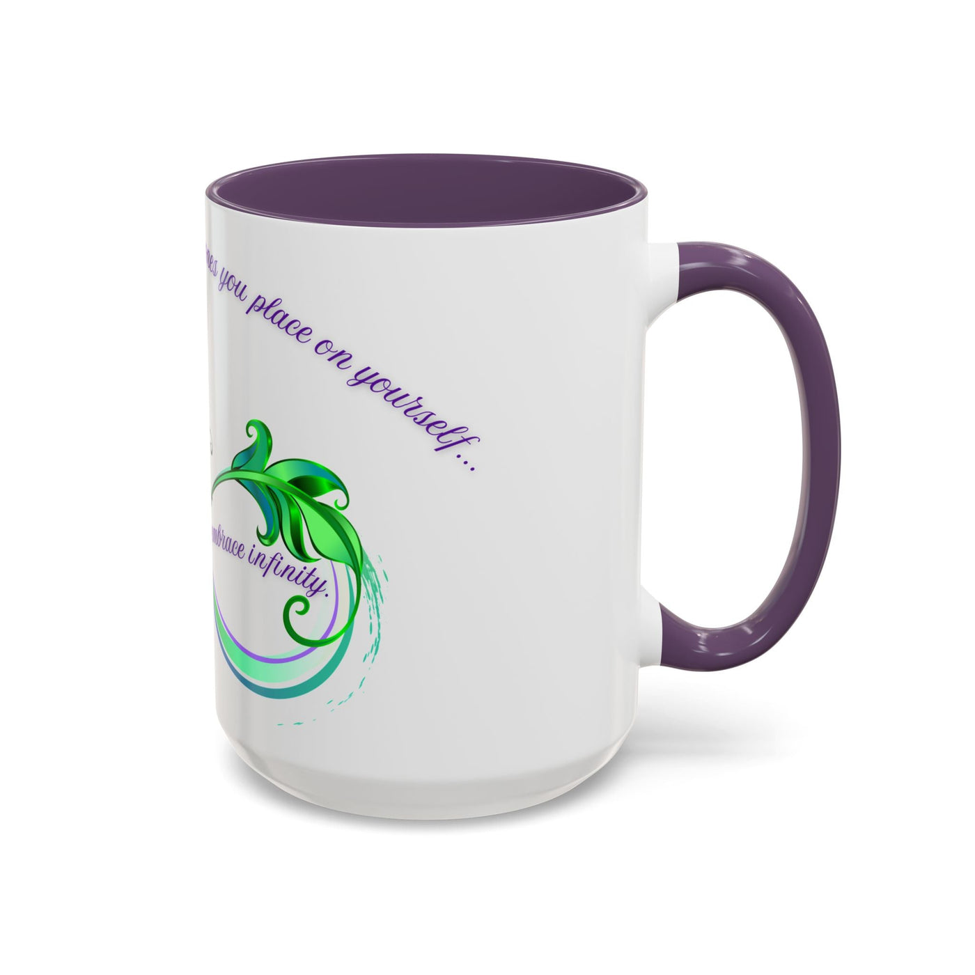 Inspirational butterfly coffee mug with "Embrace Infinity" design, featuring vibrant colors and colored accents.