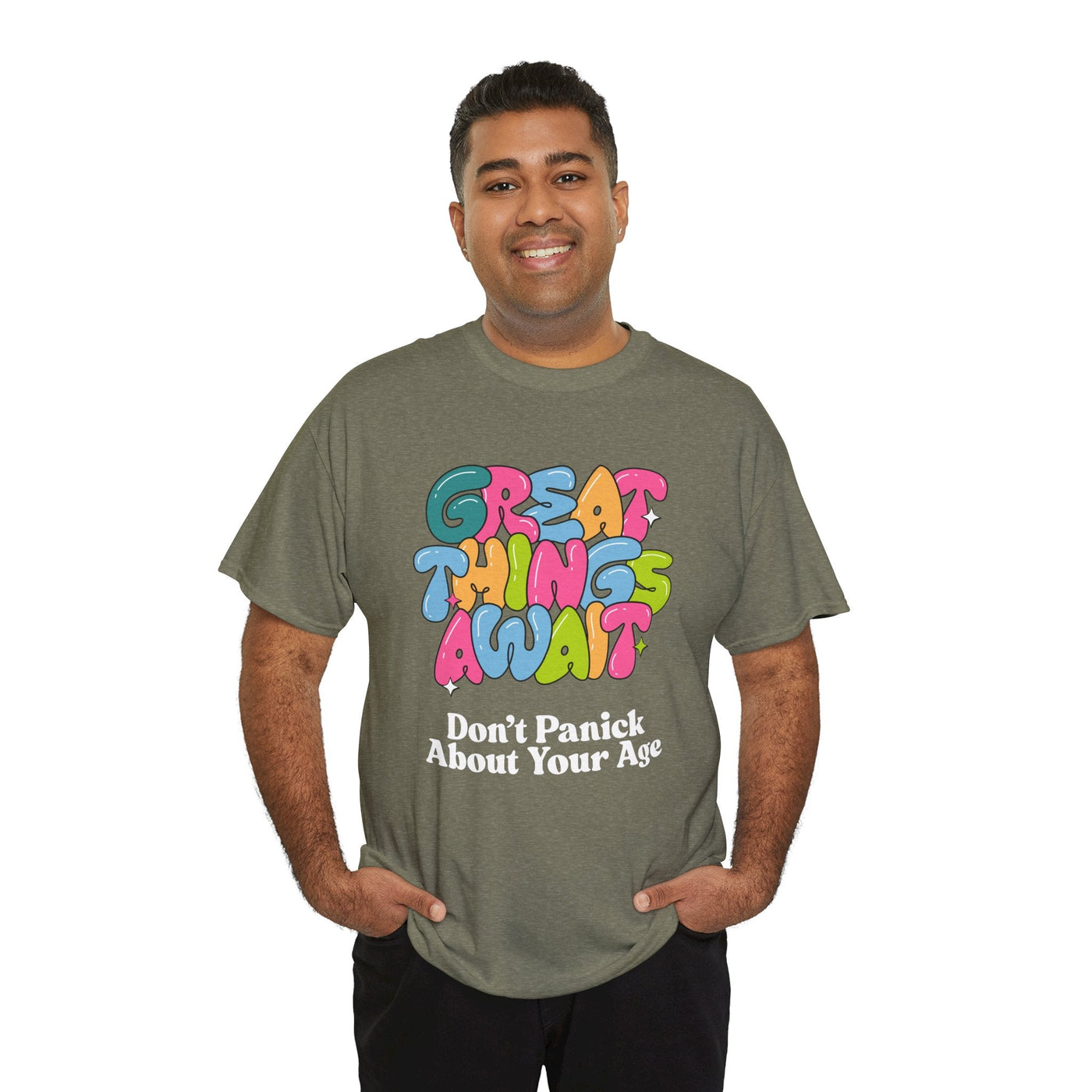 Great Things Await t-shirt with colorful design and positive message about age.