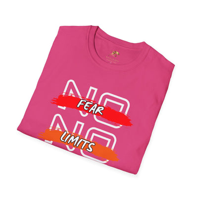 Pink unisex youth t-shirt with "No Fear No Limits" motivational graphic in bold colors