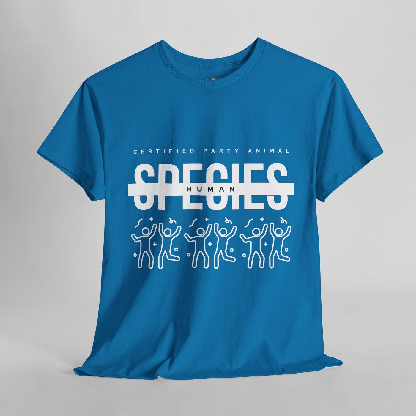 Blue "Certified Party Animal" t-shirt with graphic of dancing figures and confetti, featuring "SPECIES: HUMAN" text.