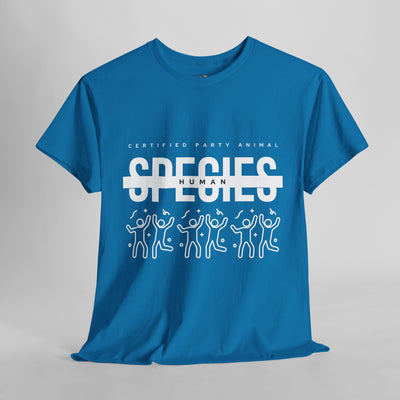 Blue "Certified Party Animal" t-shirt with graphic of dancing figures and confetti, featuring "SPECIES: HUMAN" text.