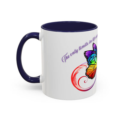 Inspirational butterfly coffee mug with colorful infinity design and motivational quote, perfect for self-care and gifting.