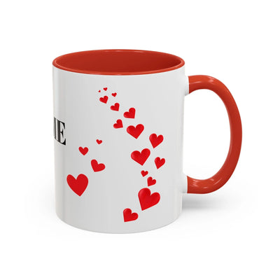 You are Enough Mug with red hearts on white ceramic, red interior and handle, 11oz.
