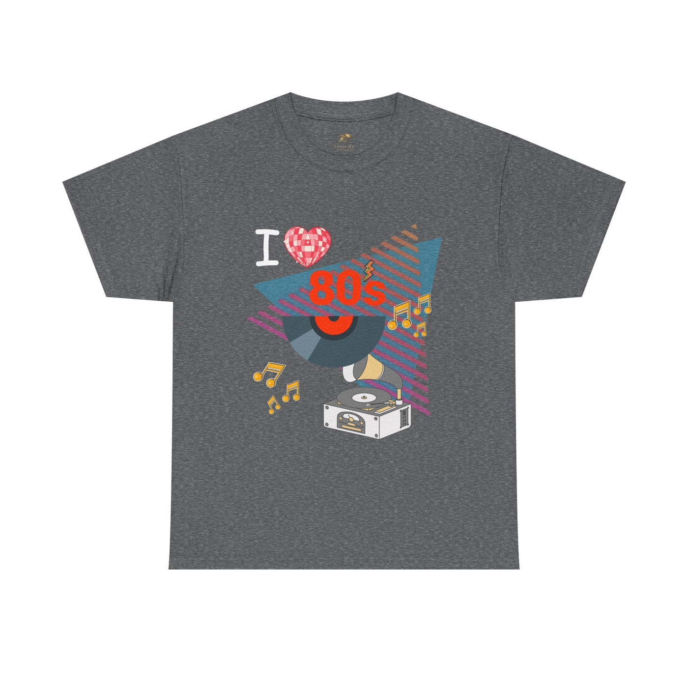 Gray 80's music lover t-shirt with retro vinyl record and cassette player graphic design