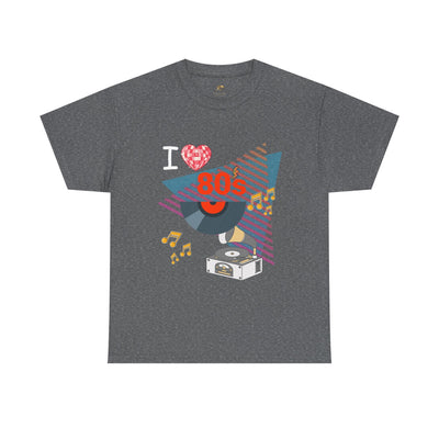 Gray 80's music lover t-shirt with retro vinyl record and cassette player graphic design