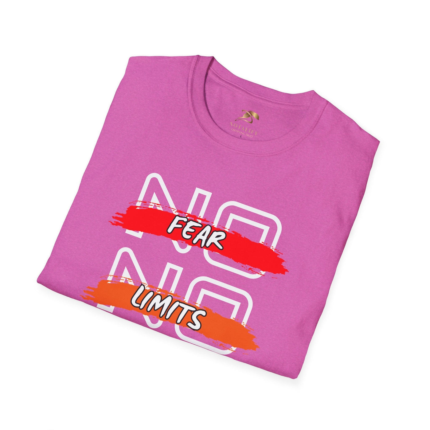 Folded pink youth unisex t-shirt with "No Fear No Limits" motivational graphic text design.
