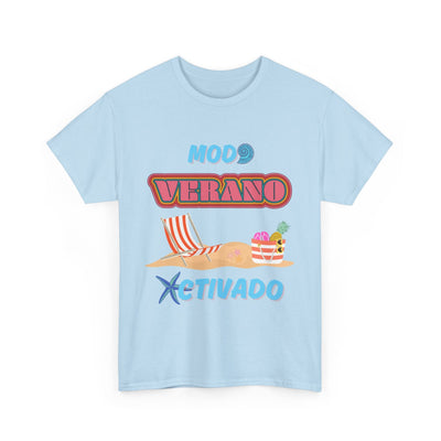 Unisex "Modo Verano Activado" T-shirt in baby blue with retro fonts, beach scene, and tropical elements. Ideal for summer and beach vibes.
