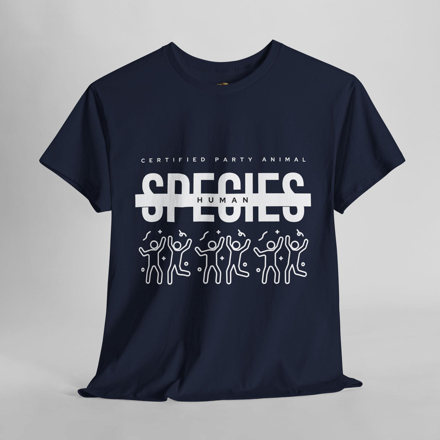 Certified Party Animal t-shirt with graphic of dancing figures and confetti, species human design, fun birthday celebration tee.