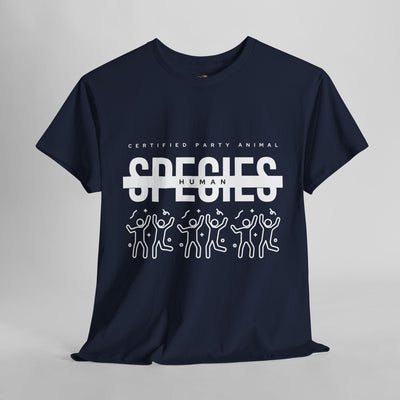 Certified Party Animal t-shirt with graphic of dancing figures and confetti, species human design, fun birthday celebration tee.