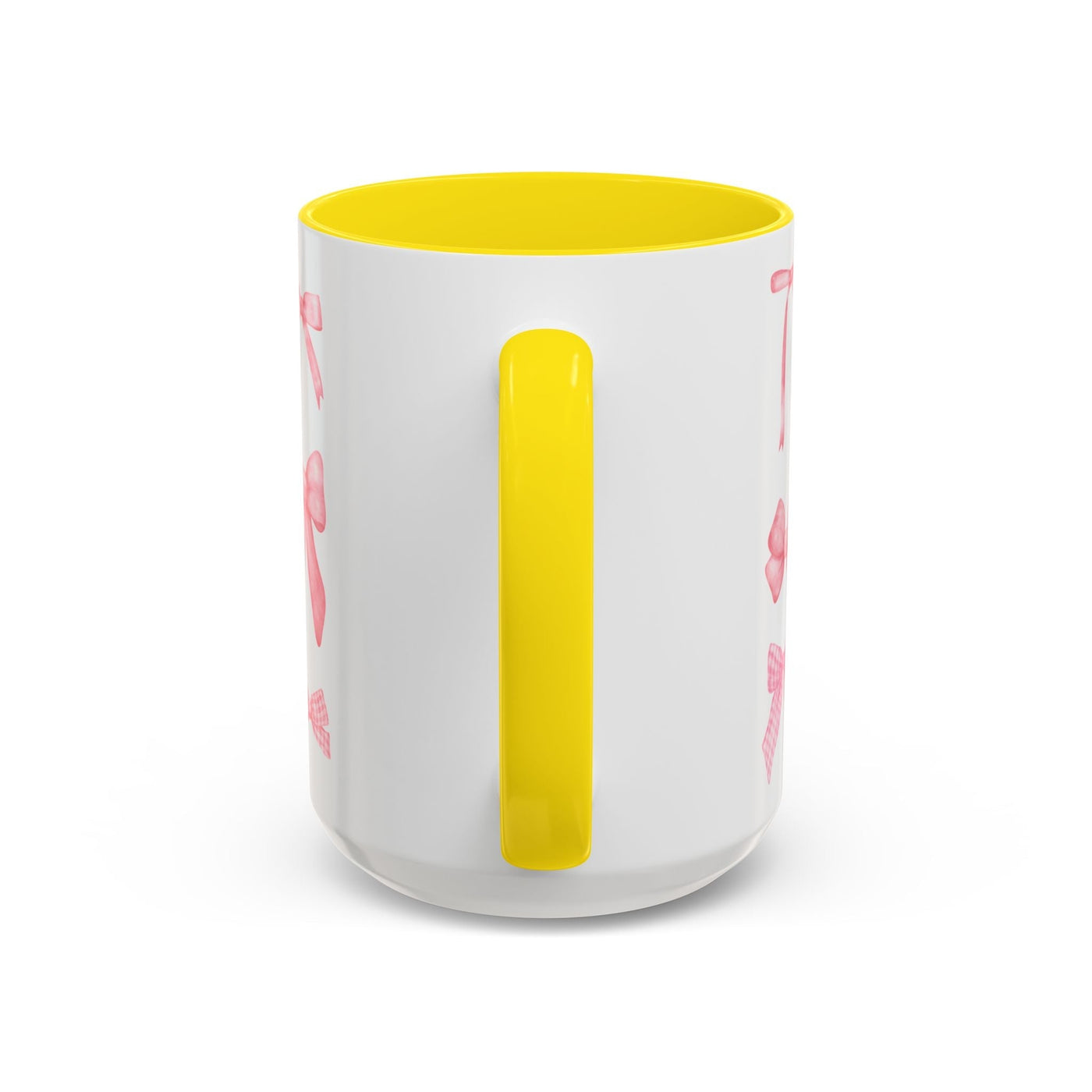 Personalized coquette bow accent coffee mug with yellow interior and handle, perfect Mother's Day gift for coffee lovers.