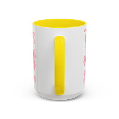 Personalized coquette bow accent coffee mug with yellow interior and handle, perfect Mother's Day gift for coffee lovers.