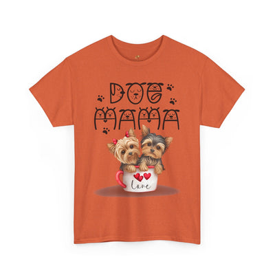 Dog Mama Unisex Tee with playful dog print on orange fabric, ideal gift for dog lovers.