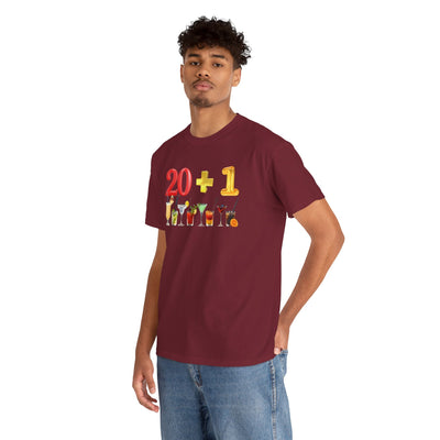 21st Birthday T-Shirt with "20 + 1" design and cocktail graphics, perfect for celebrating turning 21.