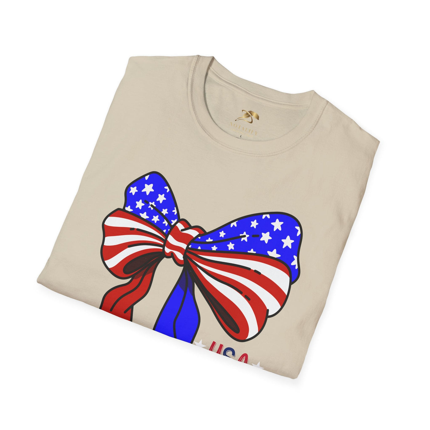 Unisex Coquette USA Patriotic T-Shirt with American flag bow design for Independence Day celebrations.