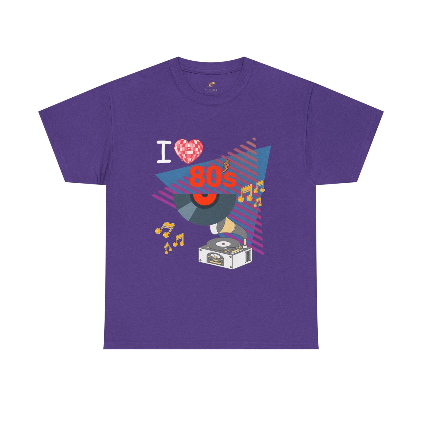 Purple 80's Music Lover T-shirt with retro vinyl record and cassette player graphic, unisex cotton tee