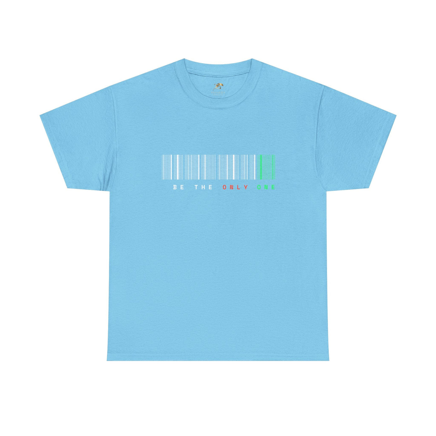 Unique "Be The Only One" barcode t-shirt in blue with a minimalist design