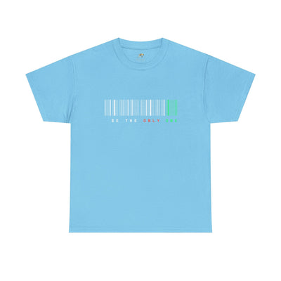 Unique "Be The Only One" barcode t-shirt in blue with a minimalist design