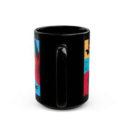 Personalized fun black mug with Texas vs Miami theme, glossy ceramic finish, vibrant designs. Ideal gift for coffee lovers.