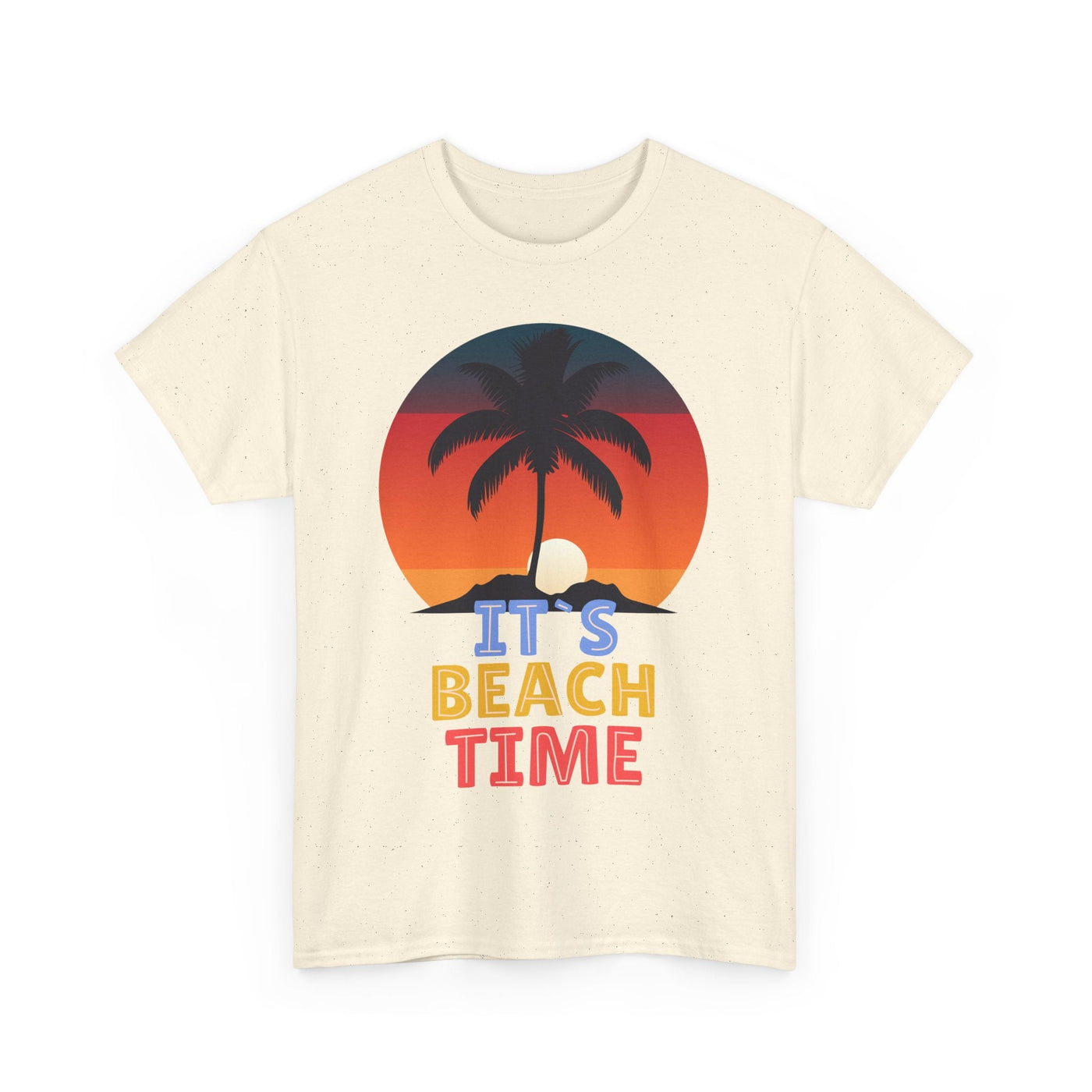 Unisex "It's Beach Time" Summer 2025 T-Shirt with tropical palm tree and sunset graphic.