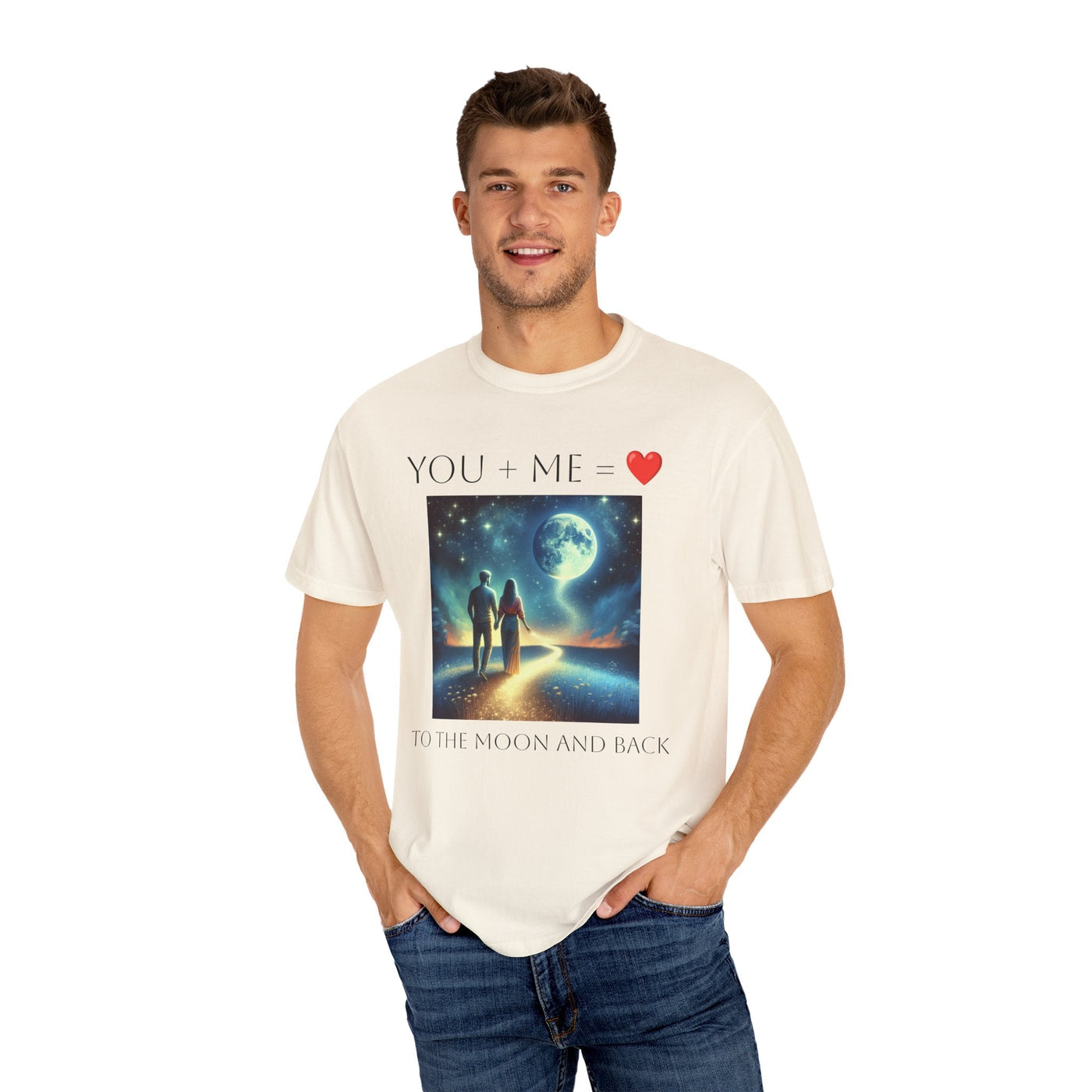 Moon and Back Unisex T-shirt featuring romantic celestial design with "You + Me to the MOON and BACK".