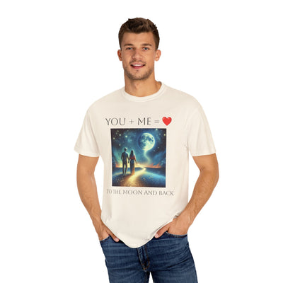 Moon and Back Unisex T-shirt featuring romantic celestial design with "You + Me to the MOON and BACK".