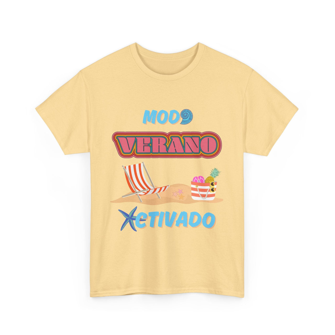 Spanish summer T-shirt with "Modo Verano Activado" design featuring retro fonts, beach chairs, tropical fruit bag, and starfish; unisex fit.