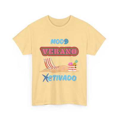 Spanish summer T-shirt with "Modo Verano Activado" design featuring retro fonts, beach chairs, tropical fruit bag, and starfish; unisex fit.