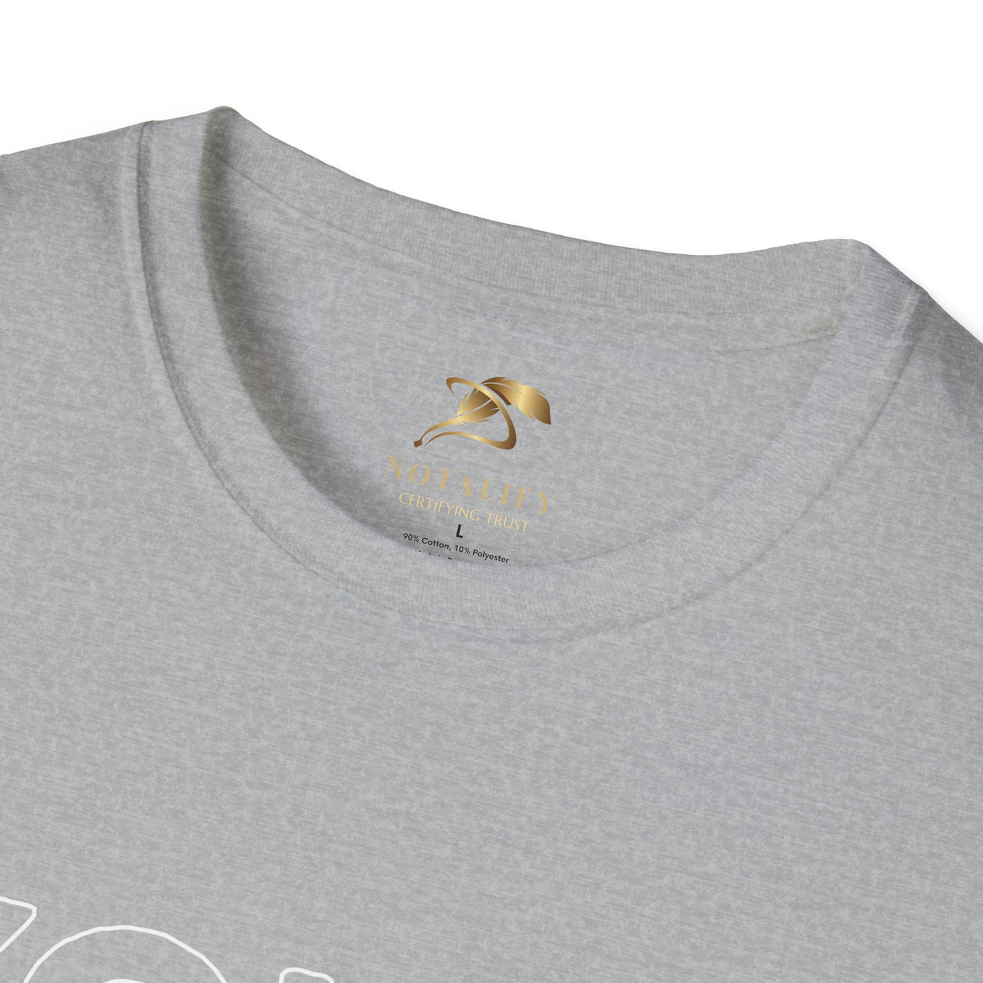 Close-up of gray Youth Day Unisex Softstyle T-Shirt with crew neckline and gold printed label inside collar