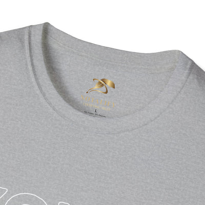 Close-up of gray Youth Day Unisex Softstyle T-Shirt with crew neckline and gold printed label inside collar