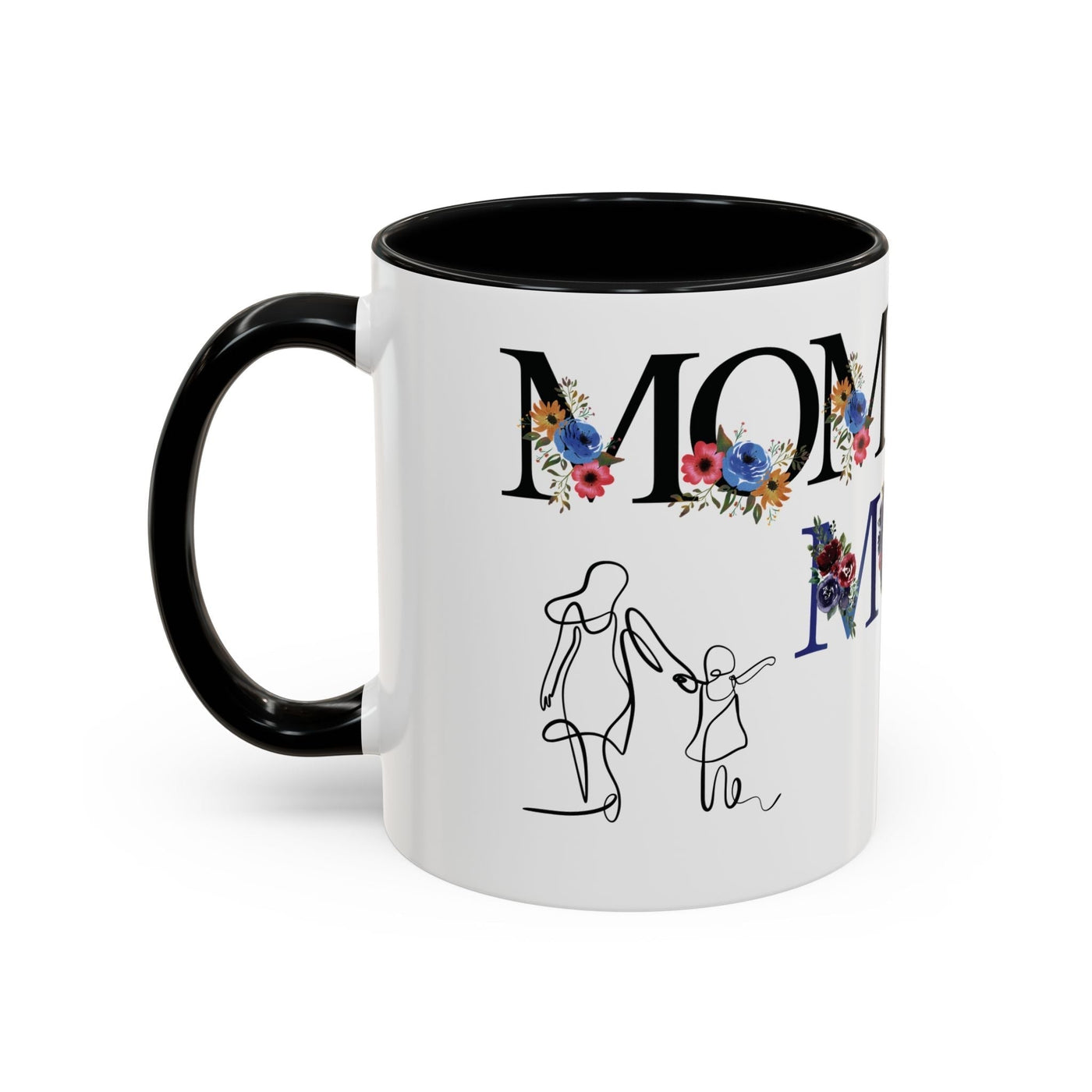 Mother's Day mug with floral accents and custom name design, ceramic drinkware gift for mom.