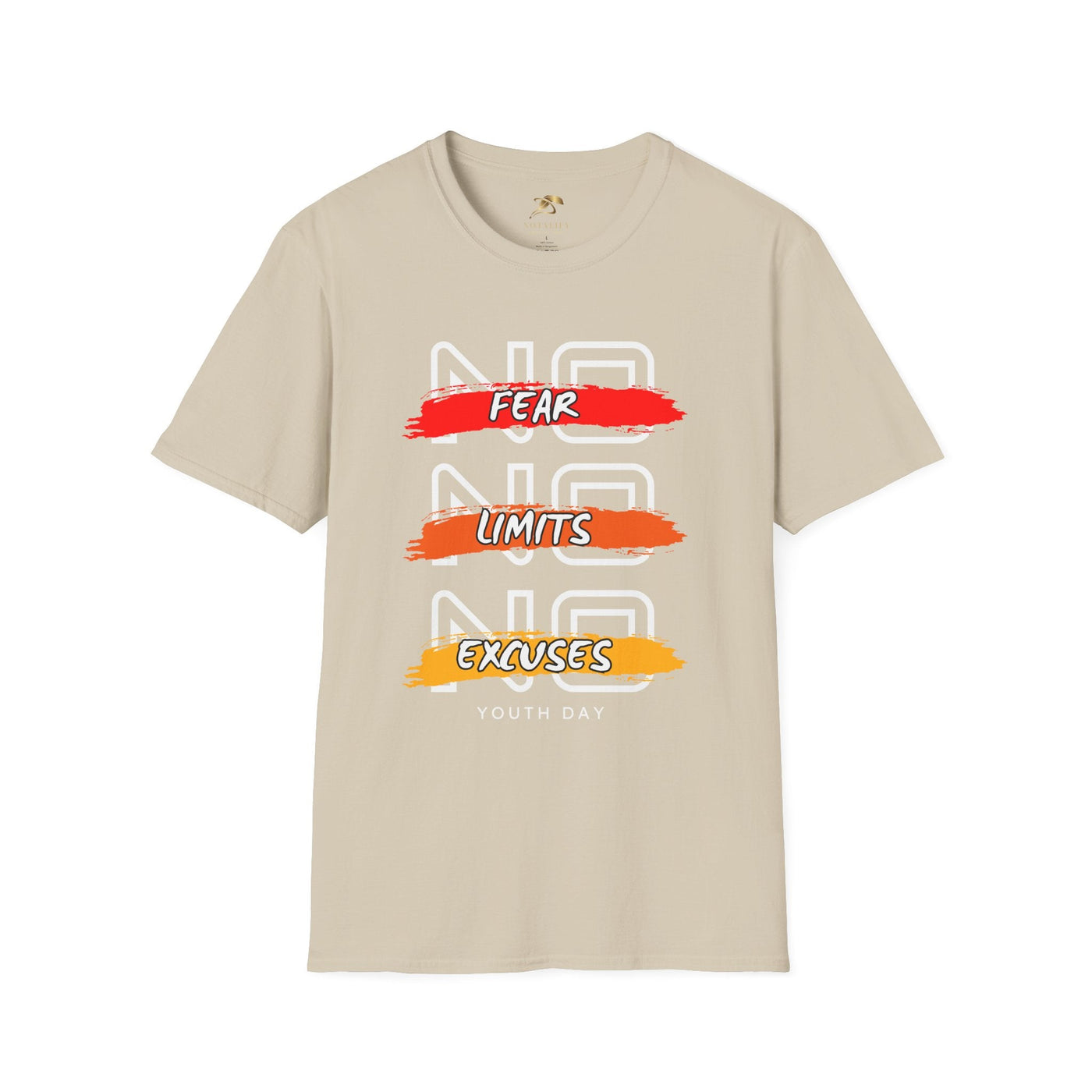 Unisex beige youth day t-shirt with No Fear No Limits No Excuses motivational graphic print.