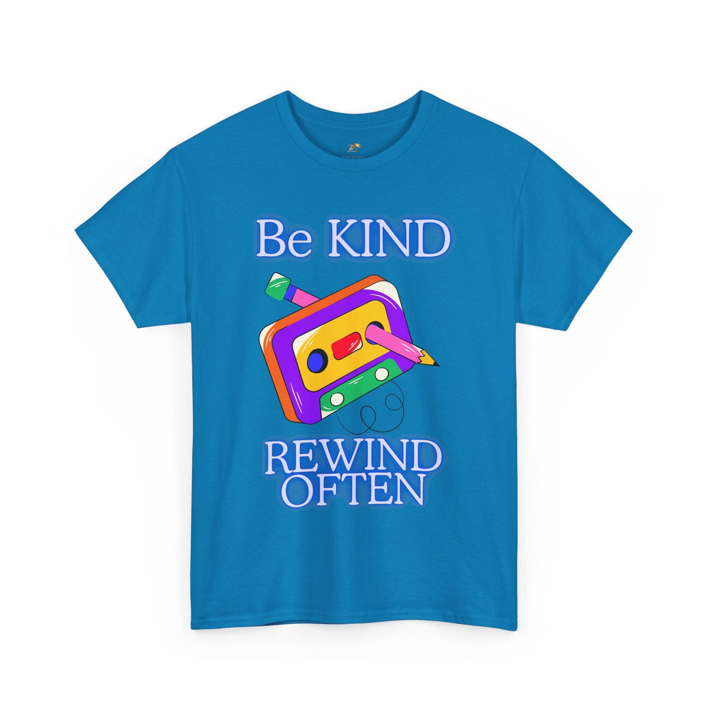 Retro blue T-shirt with "Be Kind, Rewind Often" positive quote design, cassette graphic.