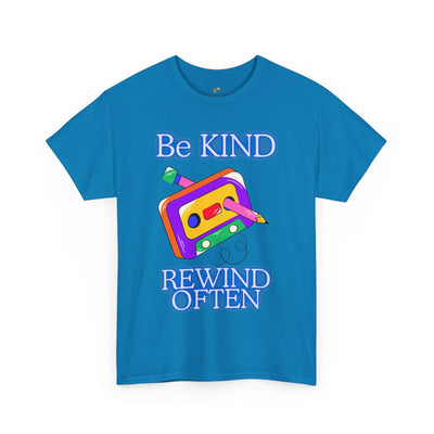Retro blue T-shirt with "Be Kind, Rewind Often" positive quote design, cassette graphic.