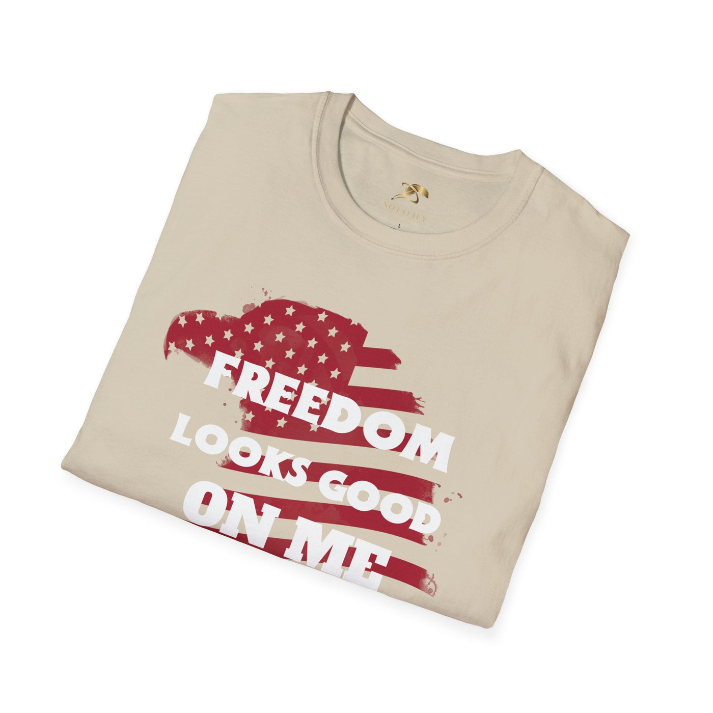 Patriotic party tee with "Freedom Looks Good On Me" design, ideal for Independence Day celebrations.